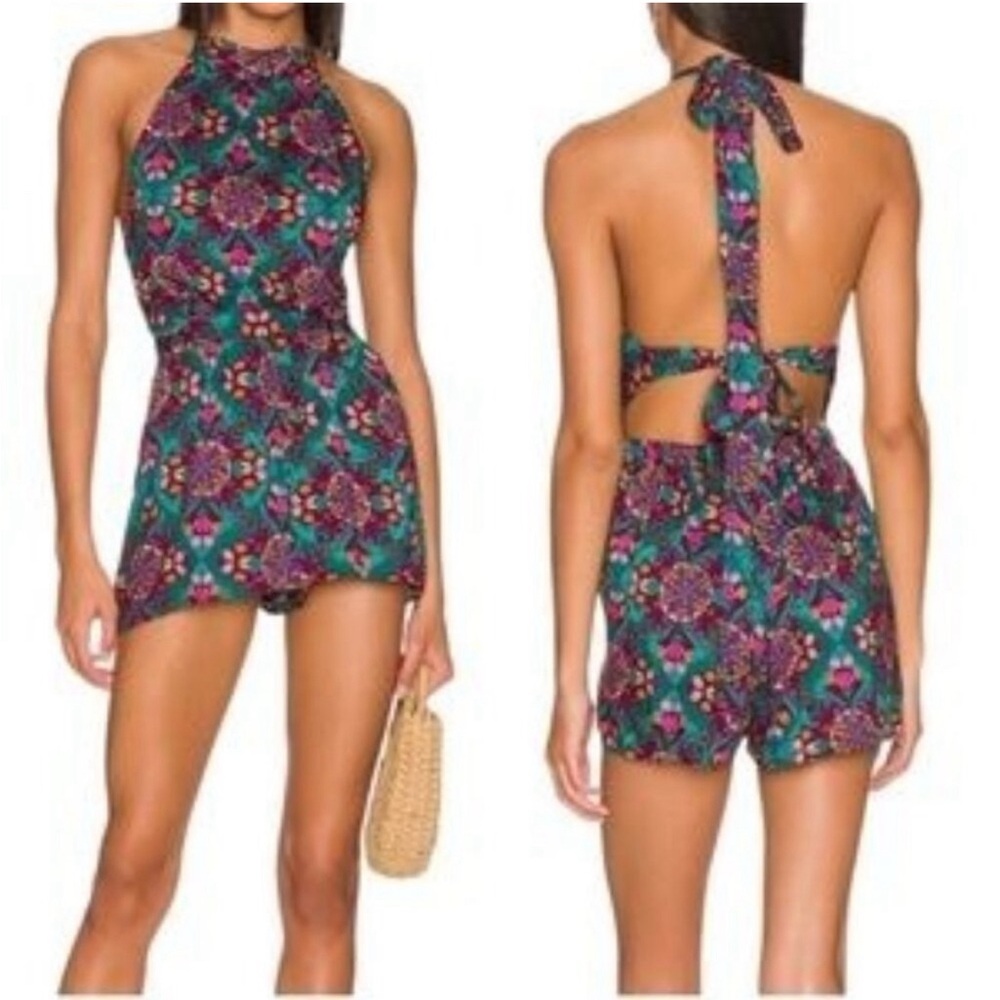 Free People Womens L Coral Tides Floral Halter Top Backless Shorts Romper NWT